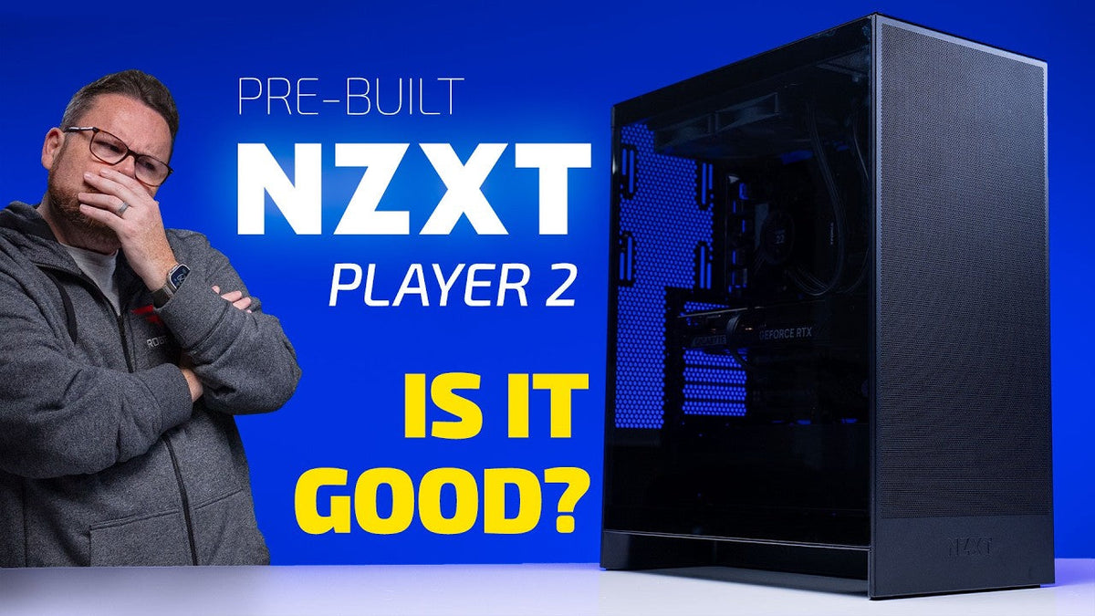Video thumbnail of a reviewer beside a black NZXT Player Two prebuilt PC with the caption Is it good?