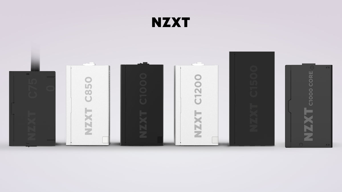 NZXT power supply lineup side by side: C750, C850, C1000, C1200, C1500, and C1000 Core in black and white