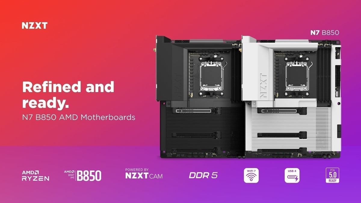 NZXT N7 B850 AMD motherboards in black and white with icons for Ryzen, NZXT CAM, DDR5, Wi-Fi 7, USB4, and PCIe 5.0
