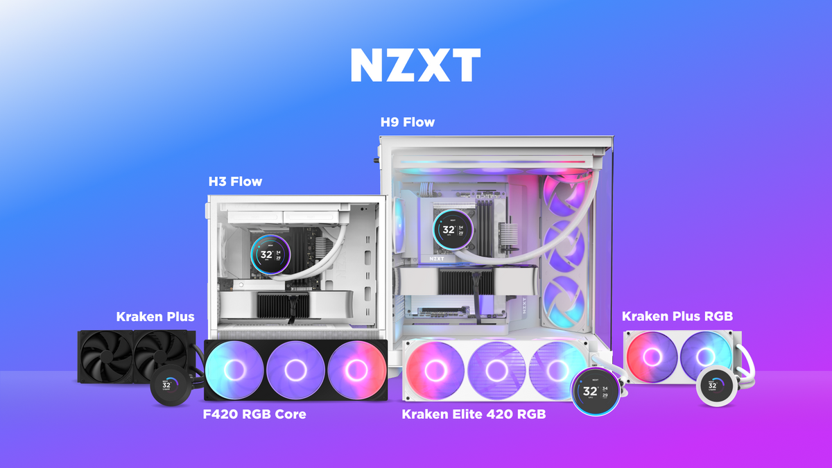NZXT H3 Flow and H9 Flow cases in white alongside Kraken Plus, Kraken Plus RGB, Kraken Elite 420 RGB, and F420 RGB Core