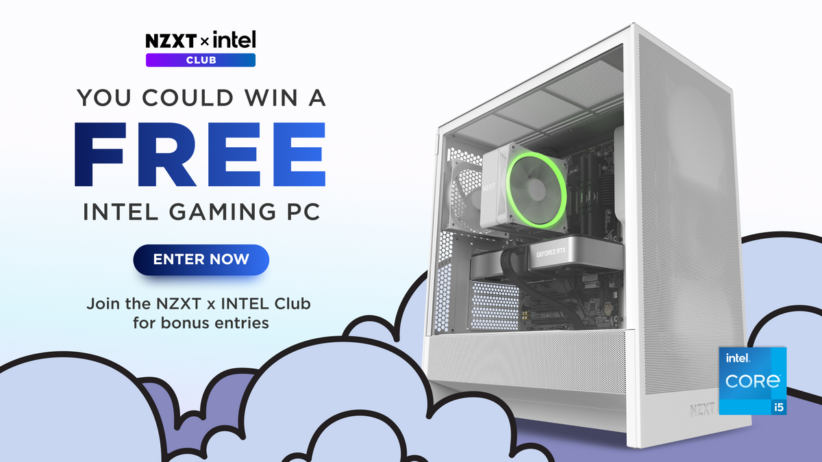 NZXT x Intel Club giveaway banner to win a free Intel gaming PC, shown in a white NZXT case with a Core i5 badge