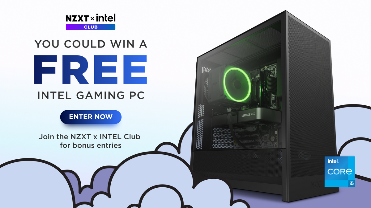 NZXT x Intel Club banner offering a free Intel gaming PC, showing a black PC with a green-lit cooler over clouds