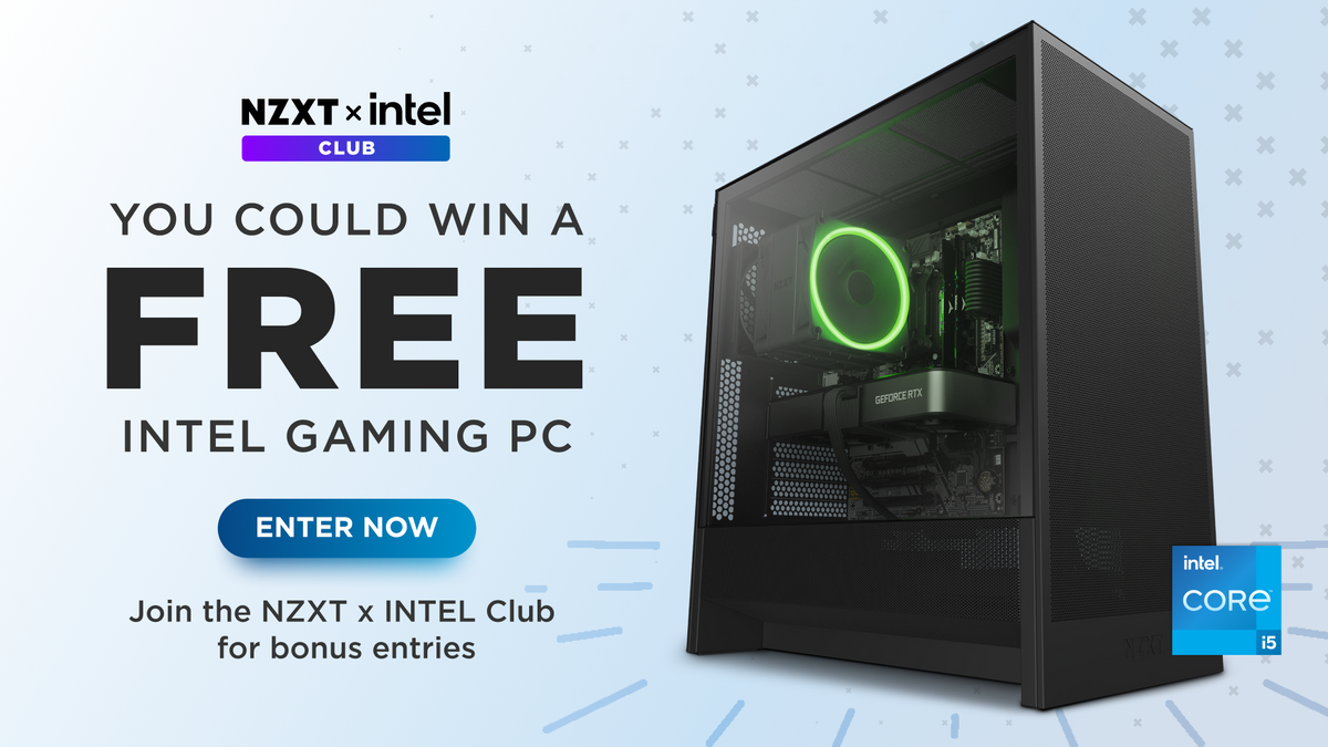 NZXT x Intel Club giveaway banner to win a free Intel gaming PC in a black NZXT case with a green-lit CPU cooler