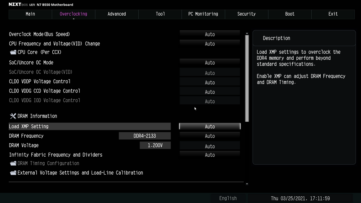 NZXT N7 B550 motherboard BIOS Overclocking tab with the Load XMP Setting option highlighted
