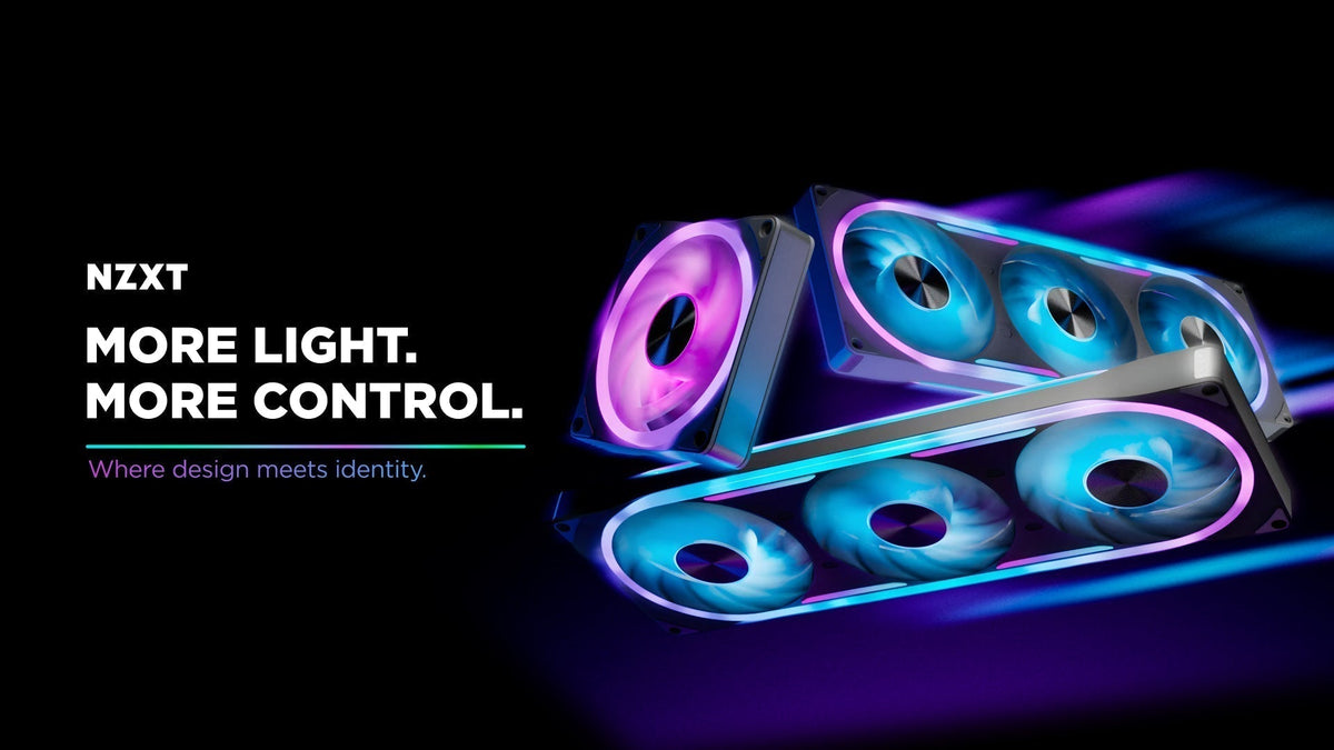 NZXT Ultra RGB fans banner reading More Light. More Control., showing single and triple fans lit blue and purple