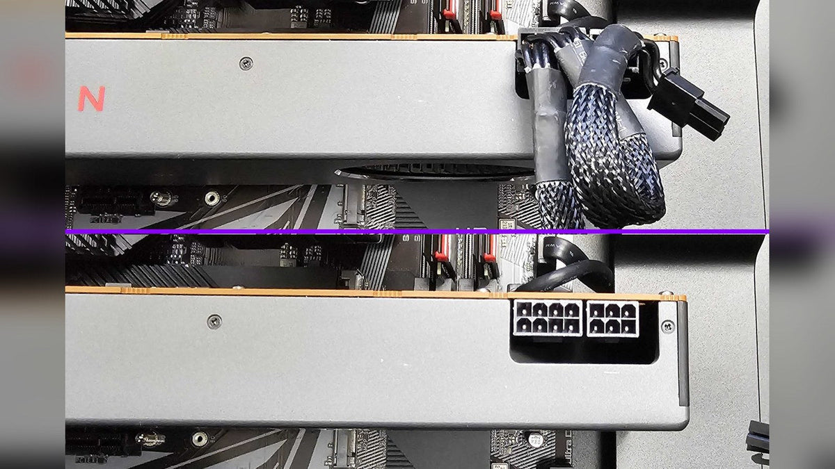 Graphics card with braided PCIe power cables connected, above the same card with its 8-pin power sockets empty