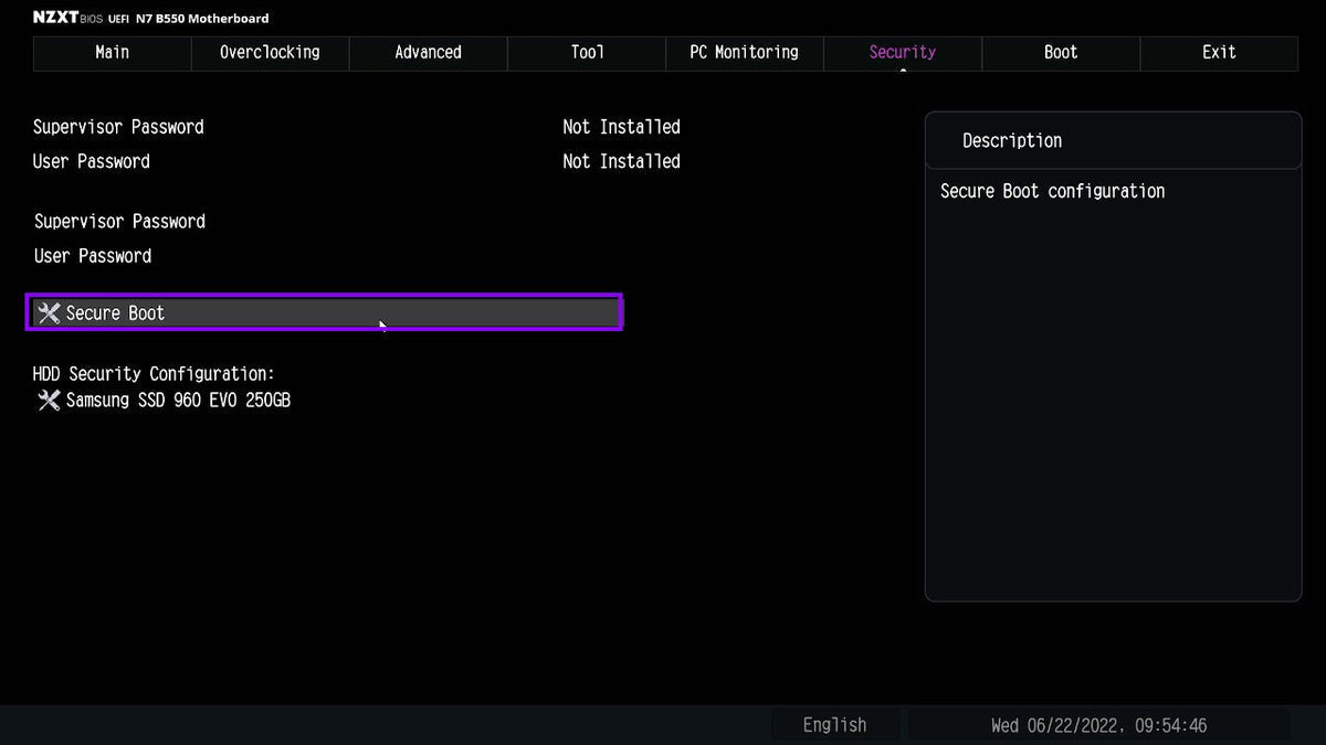 NZXT N7 B550 motherboard BIOS Security tab with the Secure Boot option highlighted