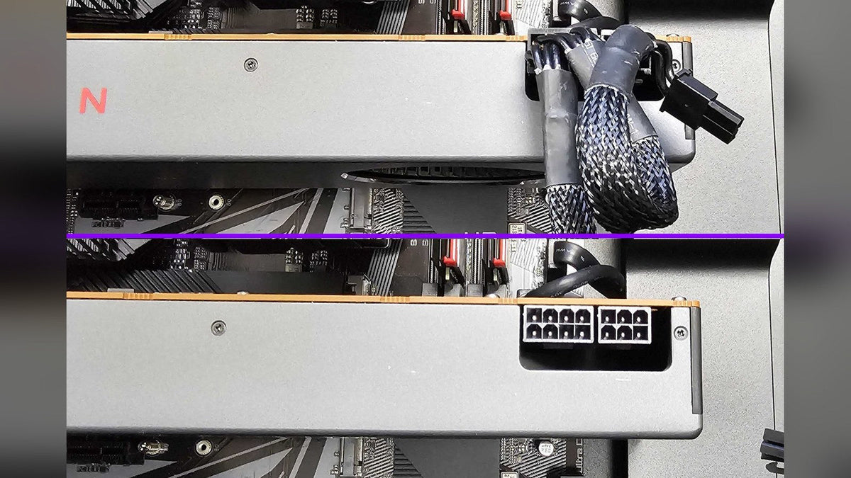 Graphics card shown with braided PCIe power cables plugged in, above the same card with its two 8-pin sockets empty