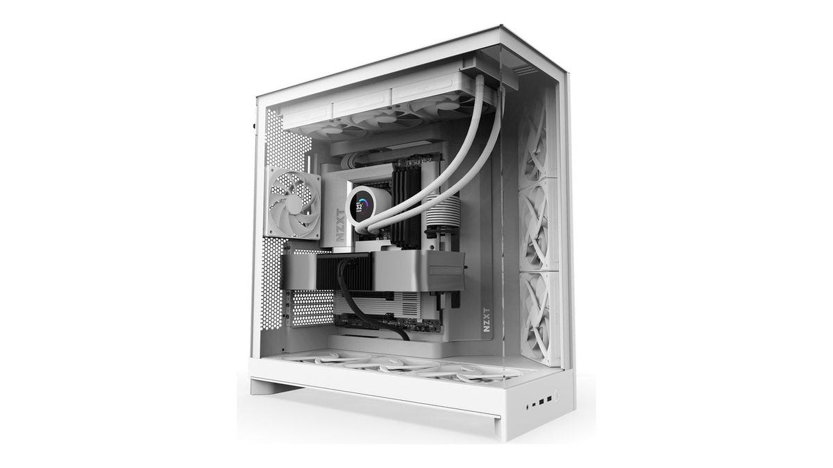 White NZXT case build with a white AIO liquid cooler, white fans and a white graphics card, angled side view