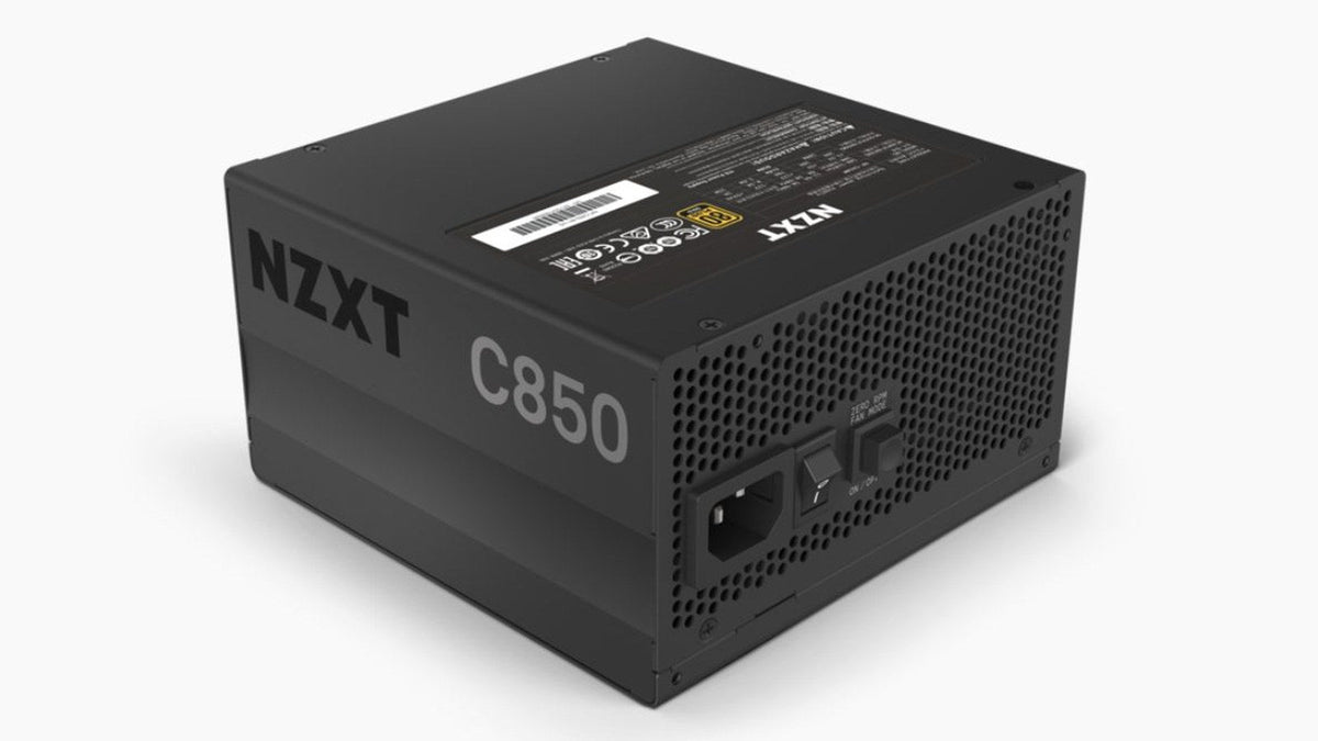 Black NZXT C850 power supply, rear view with the AC power inlet and power switch