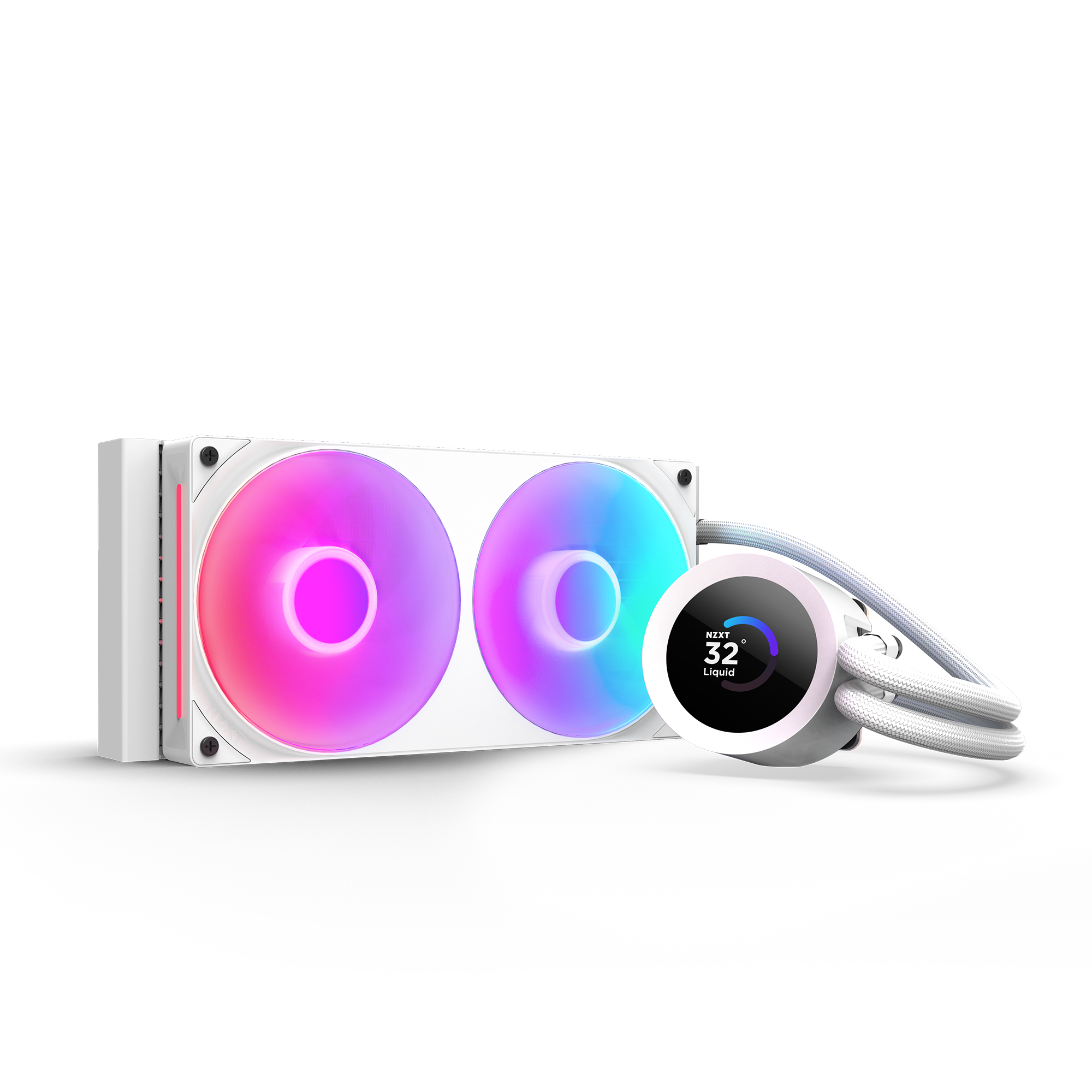 The NZXT Kraken Plus 240 RGB is a white liquid CPU cooler with two RGB fans emitting pink, blue, and purple gradients, and a round LCD display for temperatures. White tubing connects the unit, creating a vibrant and stylish setup.