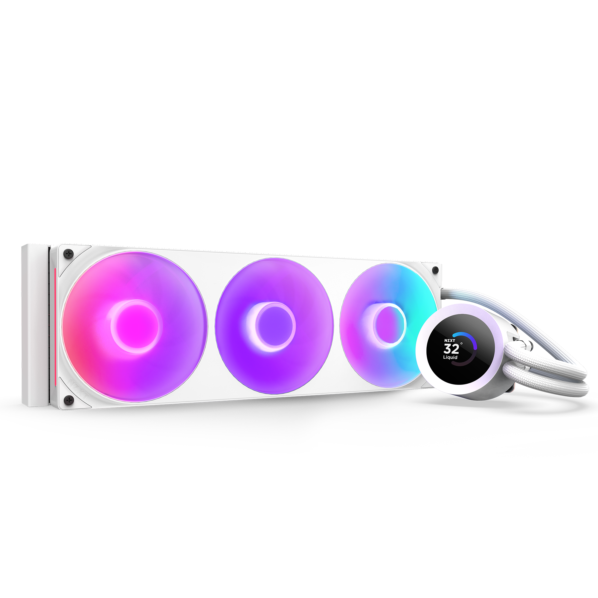 The NZXT Kraken Plus 360 RGB is a white AIO liquid cooler with three vibrant RGB fans and a custom LCD pump screen showing “32°.” Its pink, purple, and blue lighting is easily controlled via NZXT CAM software.