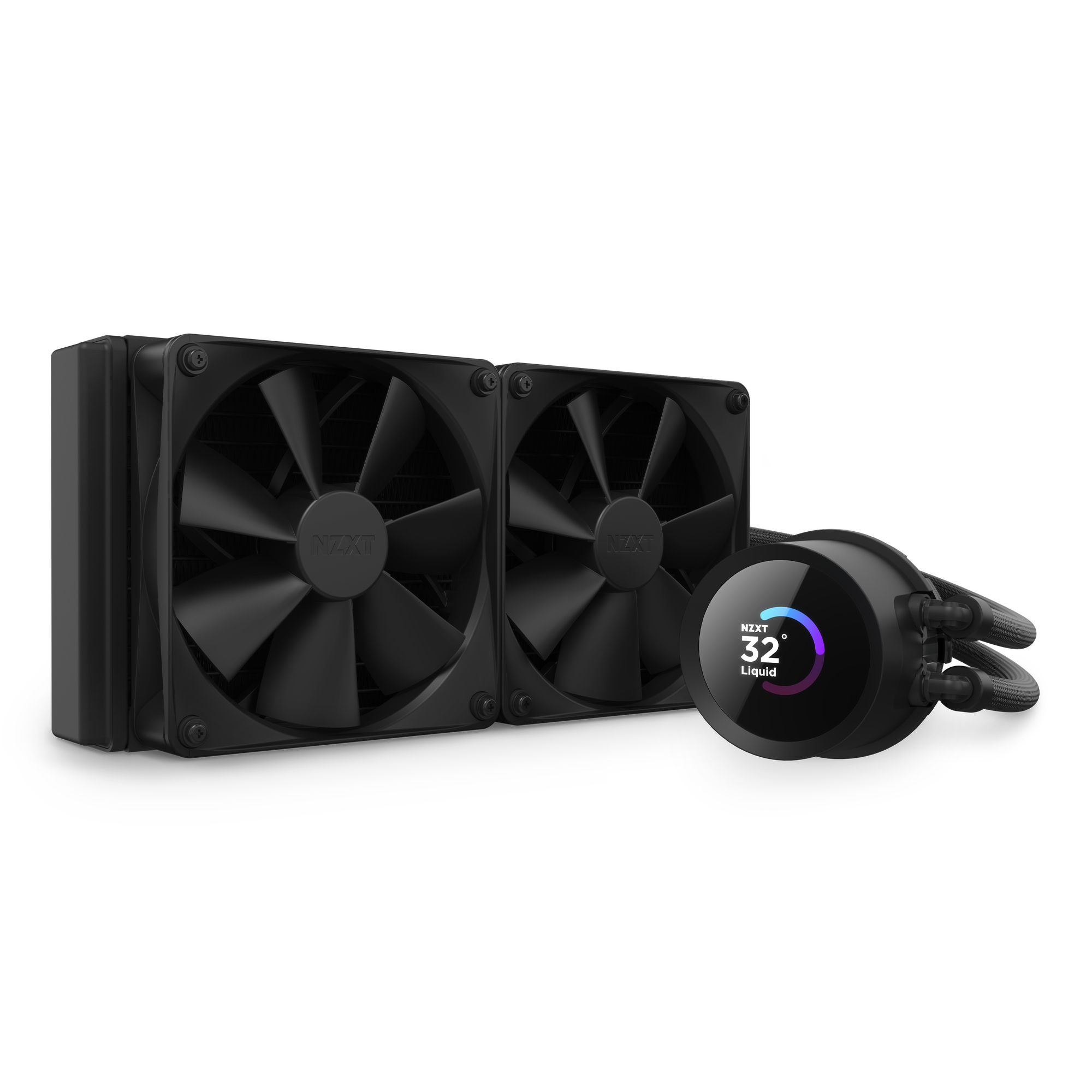 The NZXT Kraken 240 is a black liquid CPU cooler with two large fans and a circular pump head featuring an LCD screen displaying 32°C, designed for excellent cooling performance.