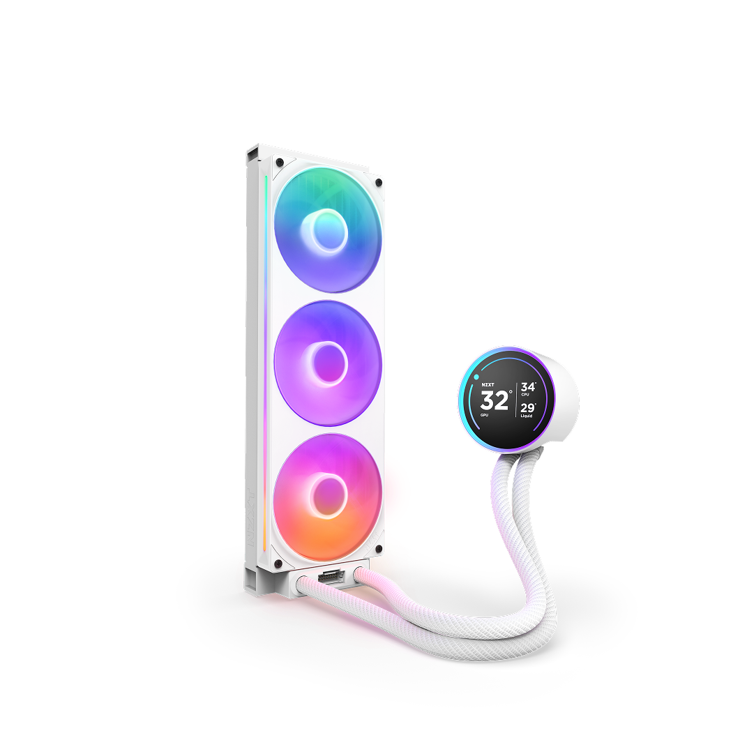A white liquid CPU cooler with three RGB-lit fans and a digital display on the pump, featuring customizable lighting and flexible white tubing.