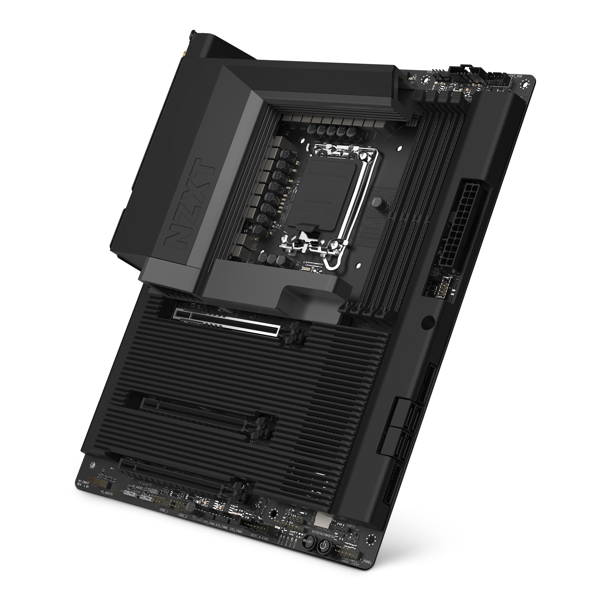 The NZXT N7 Z890 motherboard in black features a large heatsink, CPU socket, RAM slots, PCIe 5.0 support, and various ports for advanced gaming performance.
