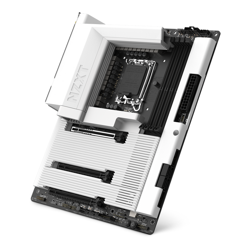 The NZXT N7 Z890 is a black and white motherboard featuring angular heatsinks, multiple RAM slots, PCIe 5.0 slots, and various connectors—engineered for high-performance desktop PCs and advanced gaming.