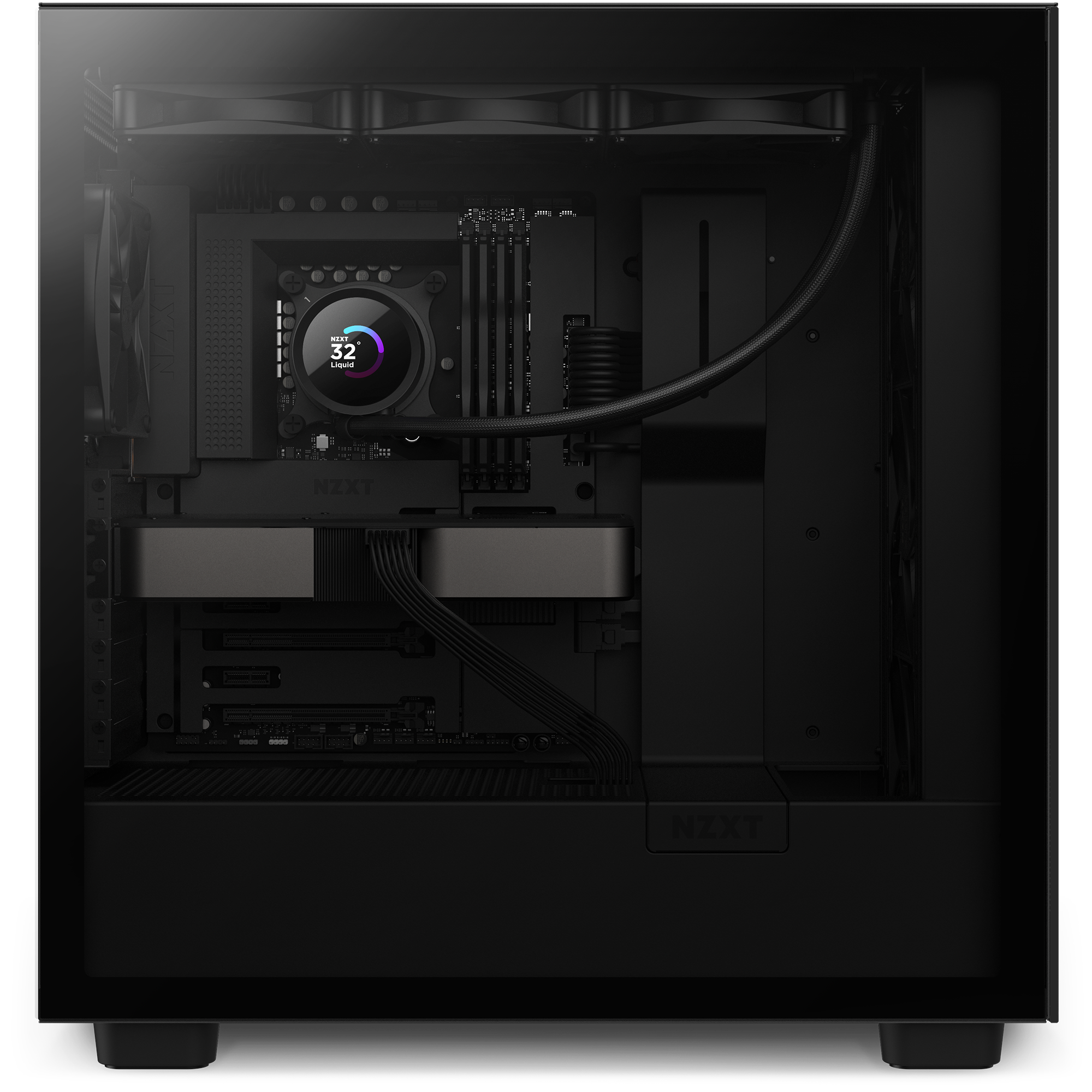The NZXT Refurbished Custom Build - #8649 features a transparent side panel, liquid CPU cooler with digital display, graphics card, and black hardware in a sleek design—ideal for prebuilt PCs and covered by a 2-year warranty.