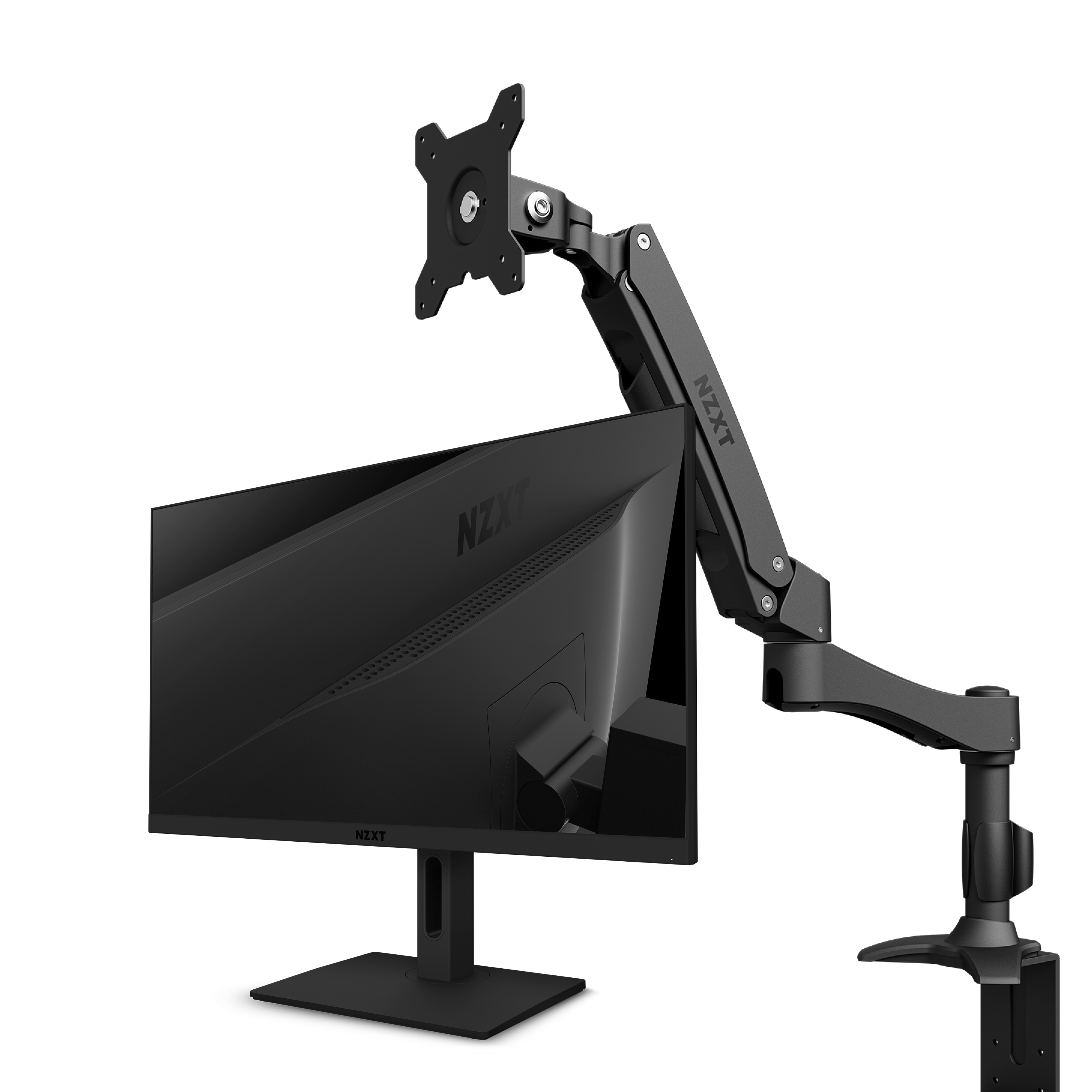 The NZXT Canvas 27F 165 and Monitor Arm (Single) holds the flat-screen monitor by its bracket, clamped to a desk edge, with a black background emphasizing AMD FreeSync Premium support.