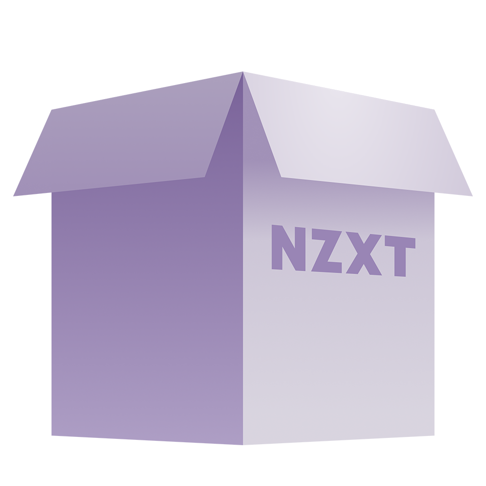 A purple and white NZXT Kraken X Accessory Box + Cable Bag, featuring the NZXT logo on the side, displayed from an angled top view against a white background.