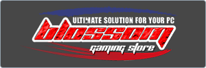 Logo for blossom gaming store with the tagline Ultimate Solution For Your PC on a dark background, featuring bold red and white text with a blue swoosh design above.