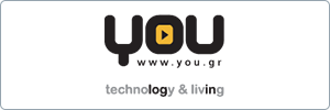 Logo for you.gr with bold black YOU text, a yellow play button inside the O, website URL below, and the tagline technology & living in gray text at the bottom.