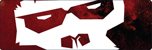 Abstract red and white graphic resembling a stylized face with angular sunglasses and a beard, set against a textured red background.