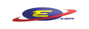 A blue sphere with a large yellow letter E in the center, encircled by a red swoosh. The text .COM appears in blue to the right of the sphere.