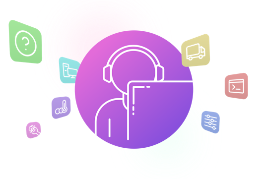 A stylized graphic of a person wearing headphones at a computer, surrounded by colorful icons representing various tasks, such as communication, transport, and documents, on a vibrant background.