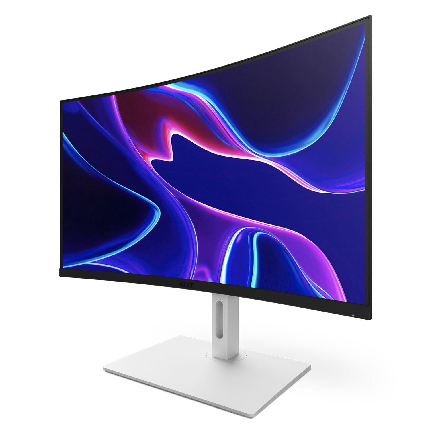 A curved widescreen computer monitor with a vibrant, abstract blue and purple design on the screen, mounted on a sleek white stand against a plain background.