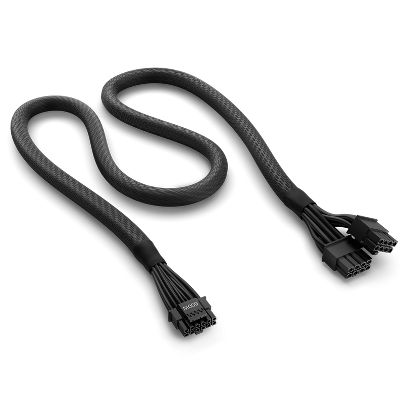 The NZXT 12VHPWR Cable, a black braided adapter with one 16-pin and two 8-pin connectors for NVIDIA GeForce RTX 40 Series, is shown on a black background—perfect for NZXT C series PSU setups.