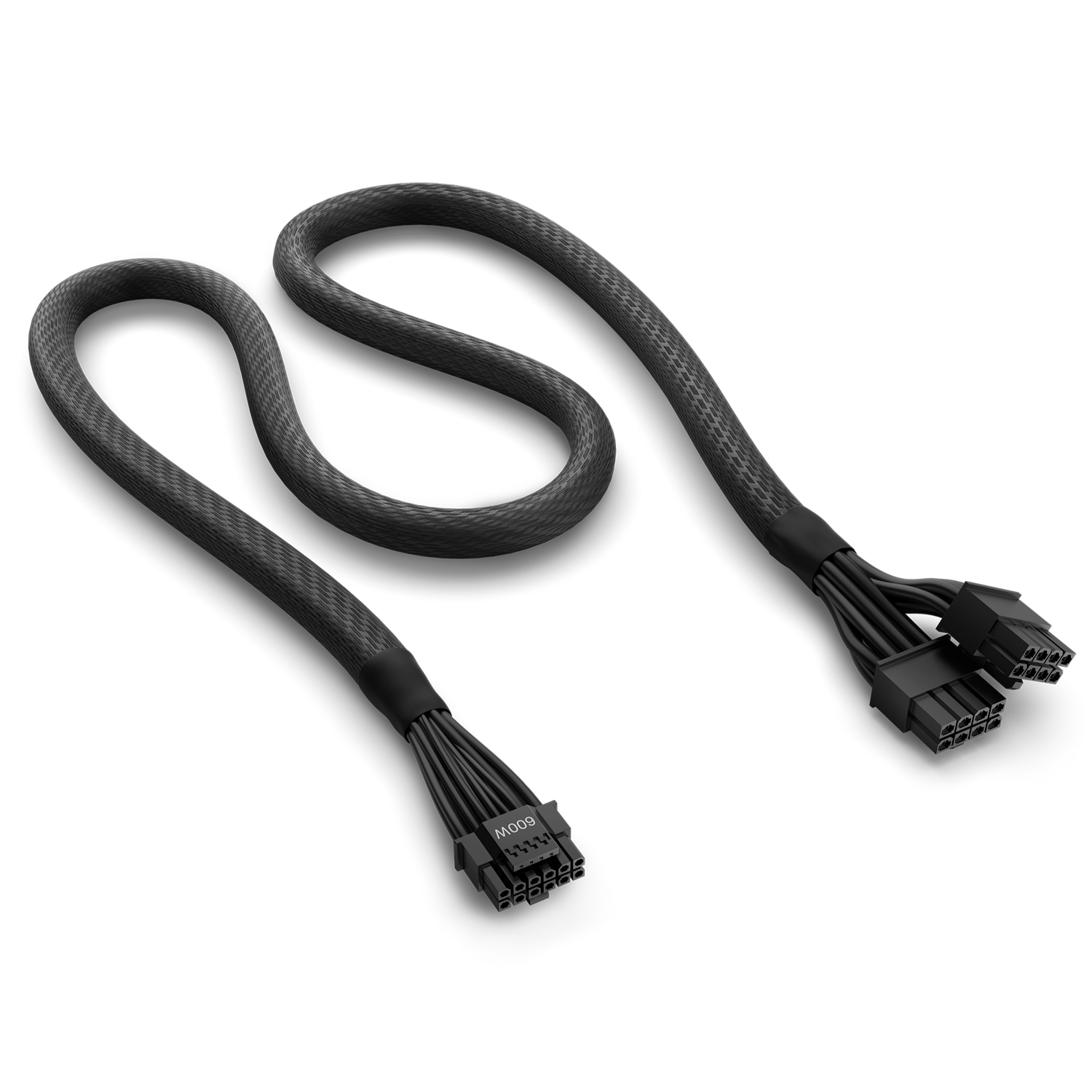 The NZXT 12VHPWR Cable, a black braided adapter with one 16-pin and two 8-pin connectors for NVIDIA GeForce RTX 40 Series, is shown on a black background—perfect for NZXT C series PSU setups.