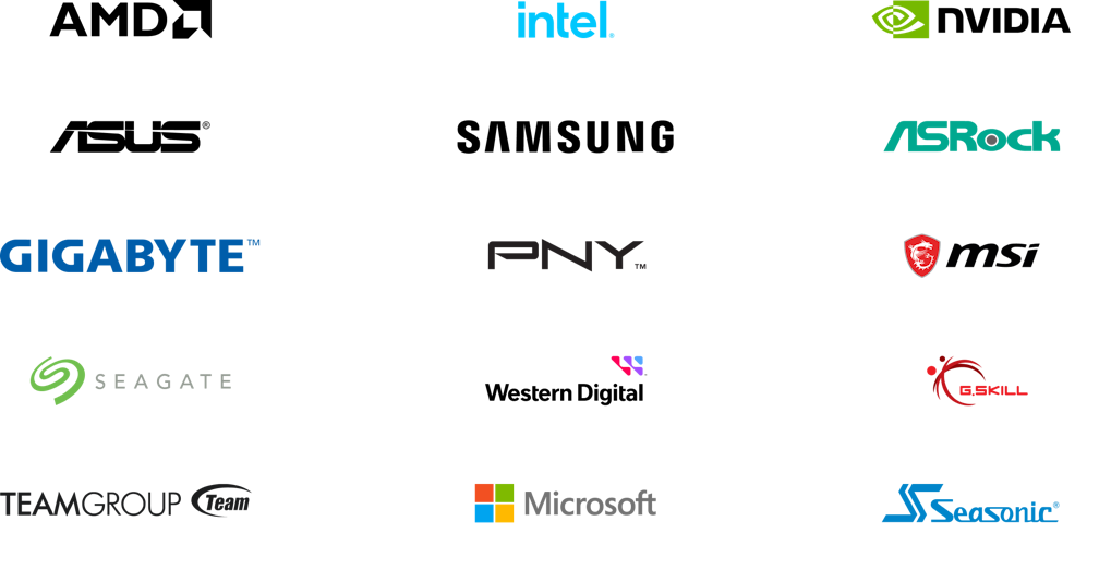 Logos of various technology and hardware companies, including Intel, Nvidia, ASRock, Gigabyte, PNY, MSI, Seagate, WD, G.Skill, TeamGroup, Microsoft, and Seasonic, displayed on a black background.