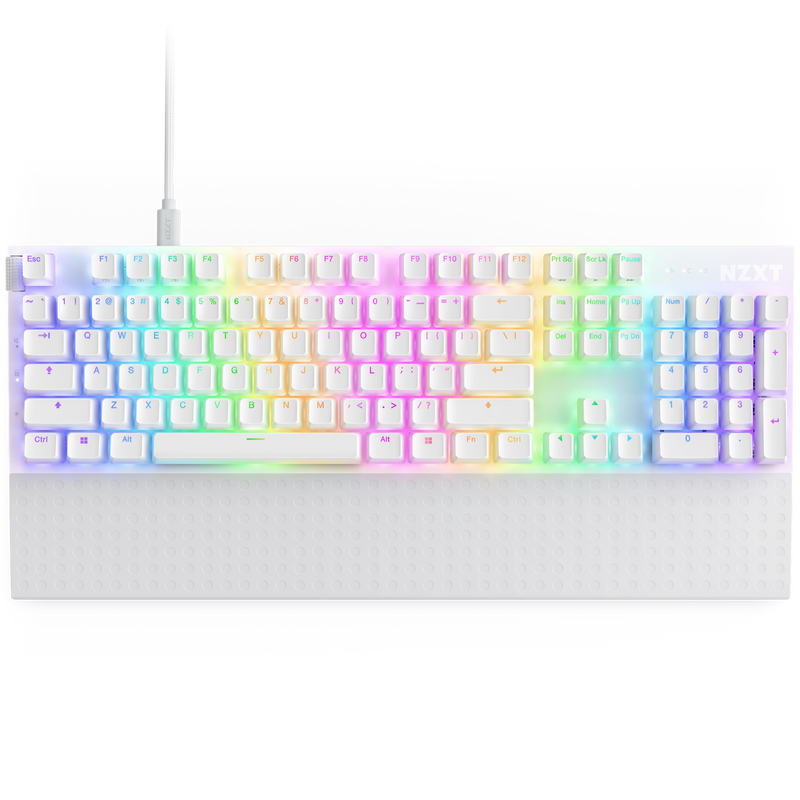 The NZXT Function 2 is a white mechanical keyboard with optical switches, RGB pastel rainbow backlighting, a matching white wrist rest, and an 8-foot white cable for connection.