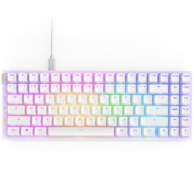 The NZXT Function 2 MiniTKL is a white, compact wired keyboard with RGB pastel-gradient backlit keys, a minimalist design without a numeric keypad, and smooth linear optical switches.