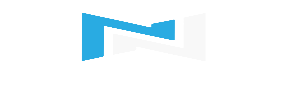 A bold blue arrow pointing right overlays a white play button symbol on a white background, creating a layered geometric design.