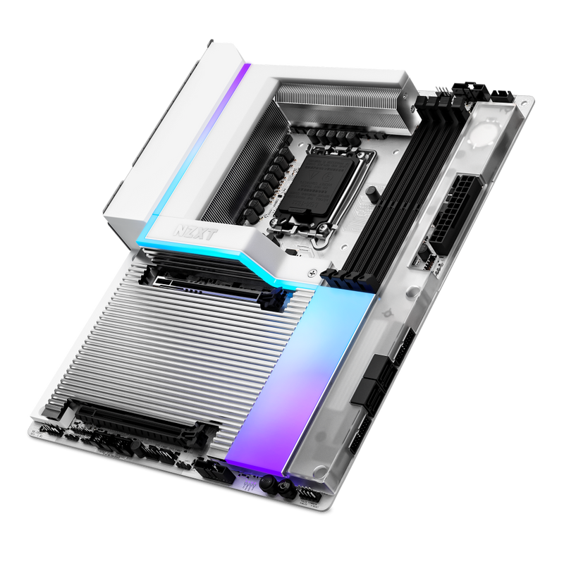 The NZXT N9 Z890 motherboard features a white design with heatsinks, black RAM slots, RGB lighting, multiple ports and connectors, and PCIe 5.0 support—displayed at an angle on a black background.
