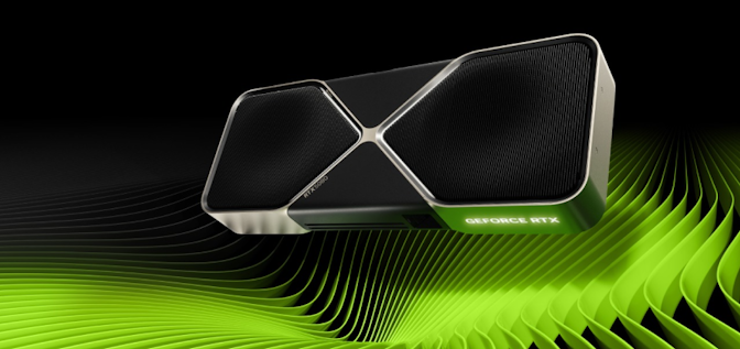 A black and silver NVIDIA GeForce RTX graphics card floats above a background of green and black wavy lines.