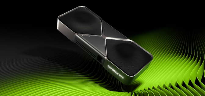 A sleek Nvidia GeForce RTX graphics card floats above a green, wavy, abstract background radiating from beneath it, emphasizing its modern design and advanced technology.