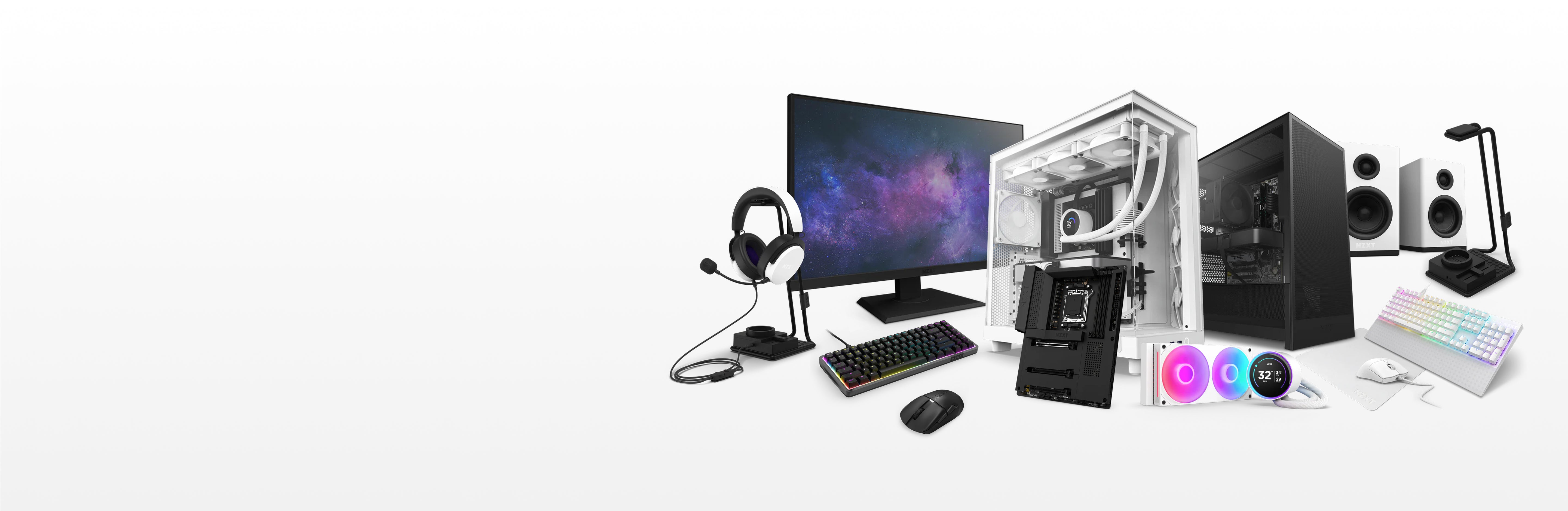 A collection of PC gaming equipment, including a monitor, two desktop towers (one white, one black), keyboard, mouse, headphones, speakers, webcam, and RGB accessories, all arranged on a white background.