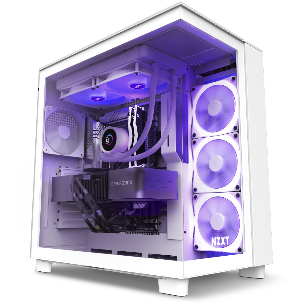 A white gaming PC with a transparent side panel, showcasing internal components including multiple RGB fans, liquid cooling, a GeForce RTX graphics card, and NZXT branding, all illuminated with purple lighting.