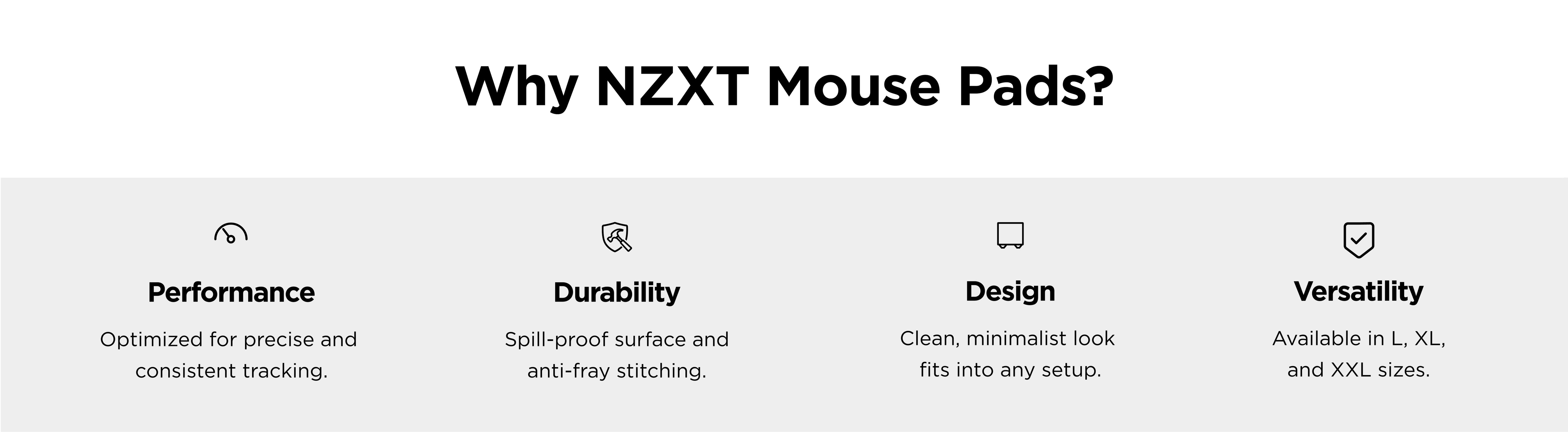 A banner titled Why NZXT Mouse Pads? lists four features: Performance, Durability, Design, and Versatility, each with a brief description and an icon above the text. The background is light gray and white.