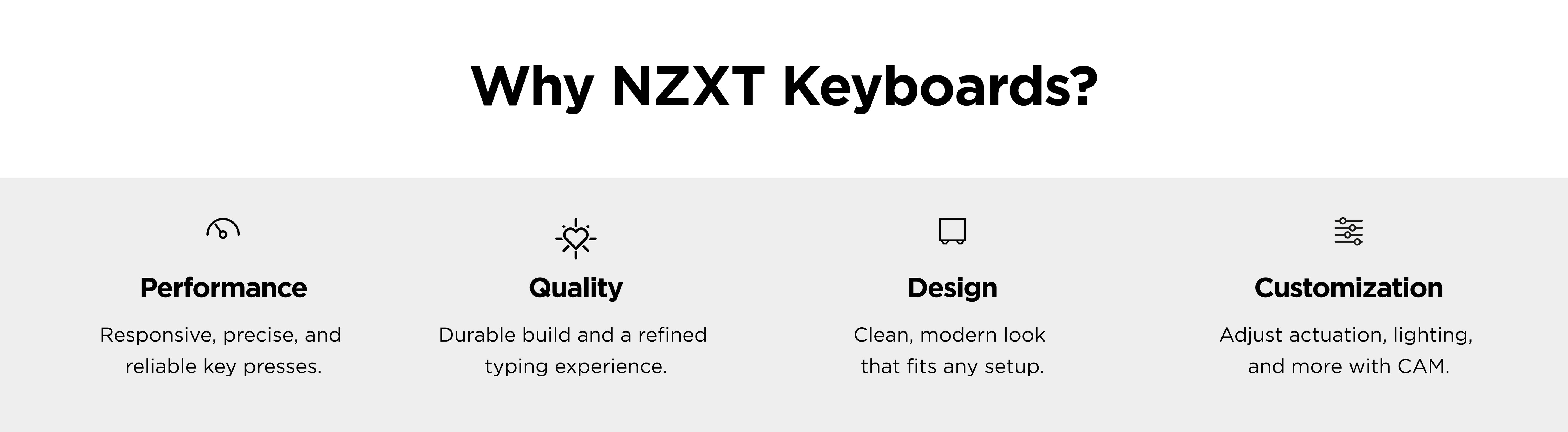 Black text on a light background reads “Why NZXT Keyboards?” with four icons and headings: Performance, Quality, Design, and Customization, each with a brief description of their features below.