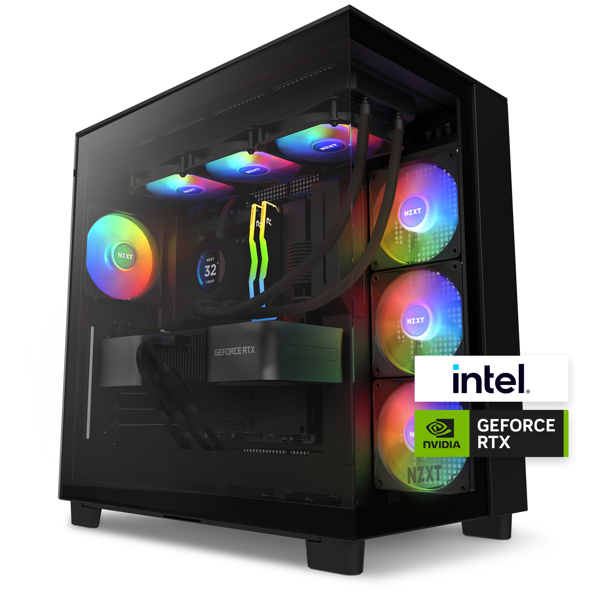 The NZXT Player PC | 4090 Edition is a black gaming tower with a transparent side panel, RGB-lit fans and components, powered by an Intel Core i9-14900KF and NVIDIA GeForce RTX 4090. Their logos appear in the bottom right corner.