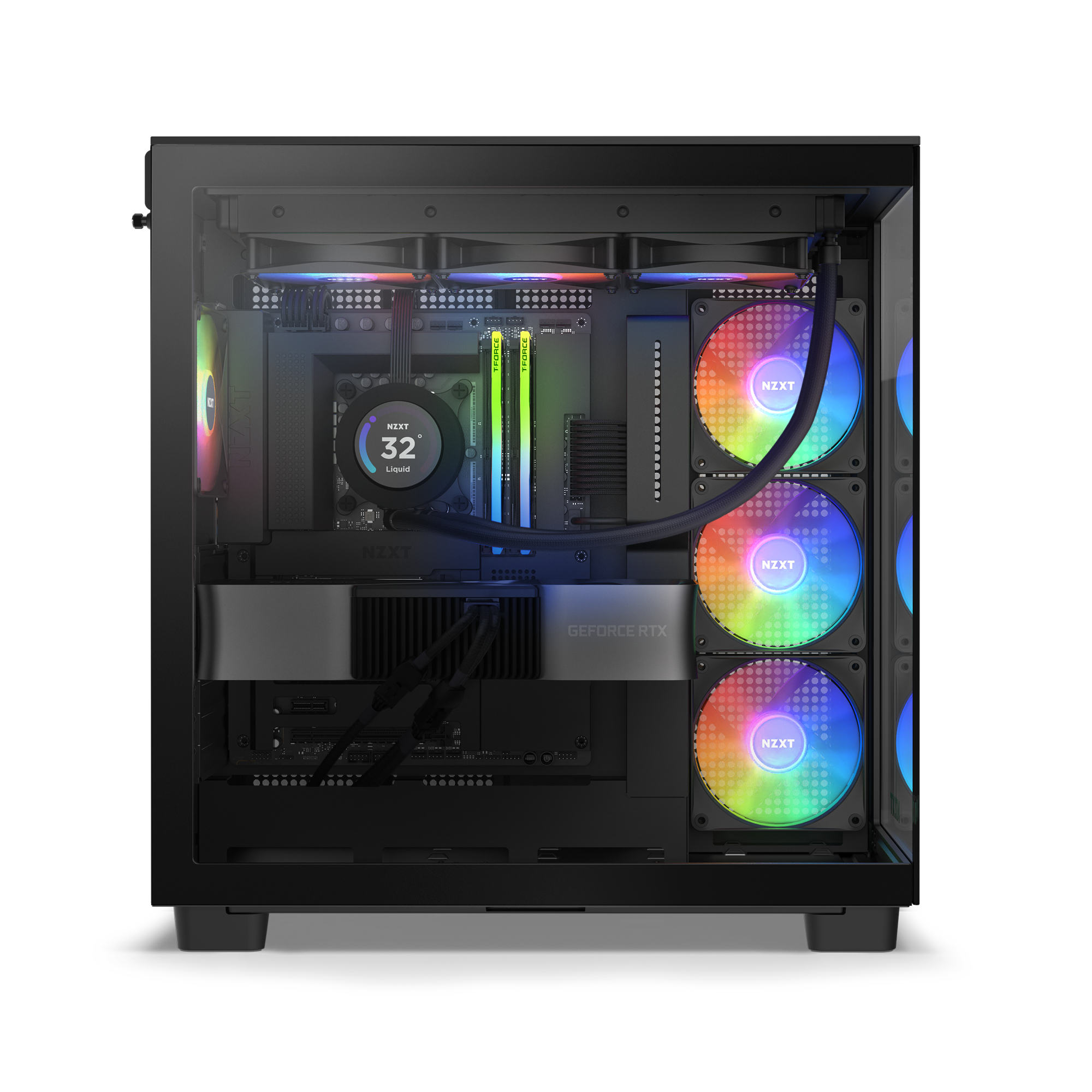 A side view of the NZXT Player PC | 4090 Edition showcases vibrant RGB lighting, multiple cooling fans, a liquid cooling system with digital display, and an NVIDIA GeForce RTX 4090 inside a sleek black case.