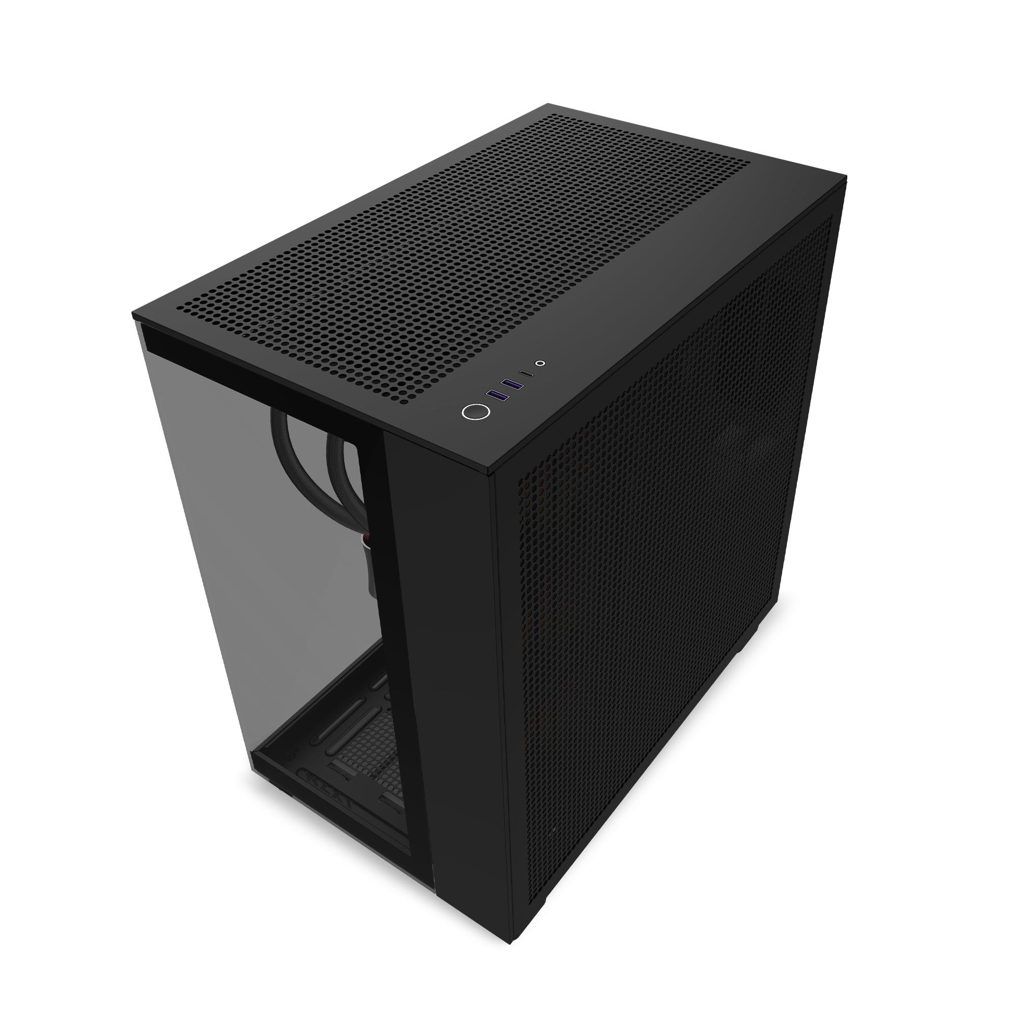 The NZXT Player PC | 4090 Edition is a black, rectangular case with mesh top and side panels, visible front I/O ports, and an open interior—ideal for a 4090 or Intel Core i9-14900KF build—shown from an elevated angle on white.