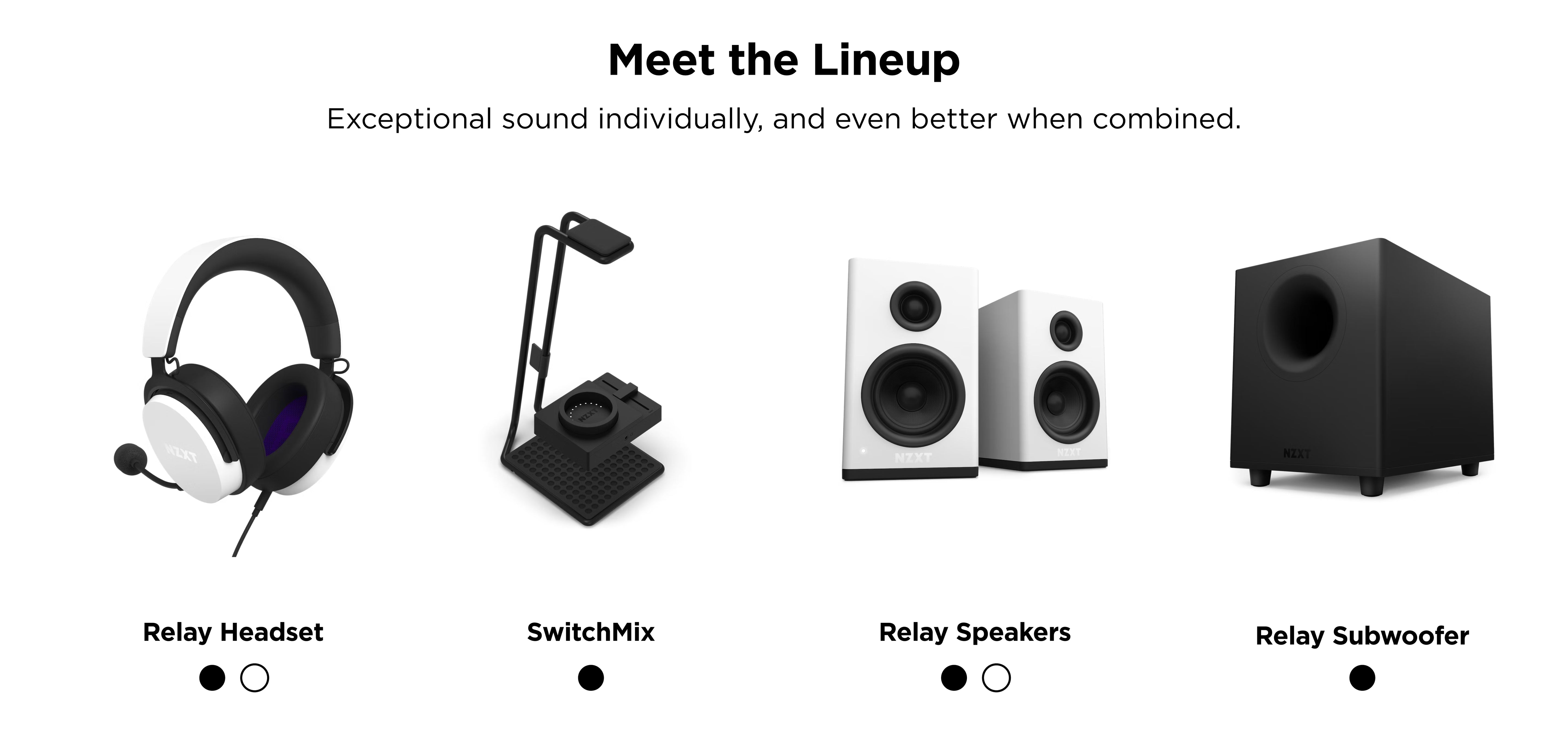 Four audio products: Relay Headset, SwitchMix stand with a control dial, two white Relay Speakers, and a black Relay Subwoofer, displayed in a row under the heading “Meet the Lineup.”.