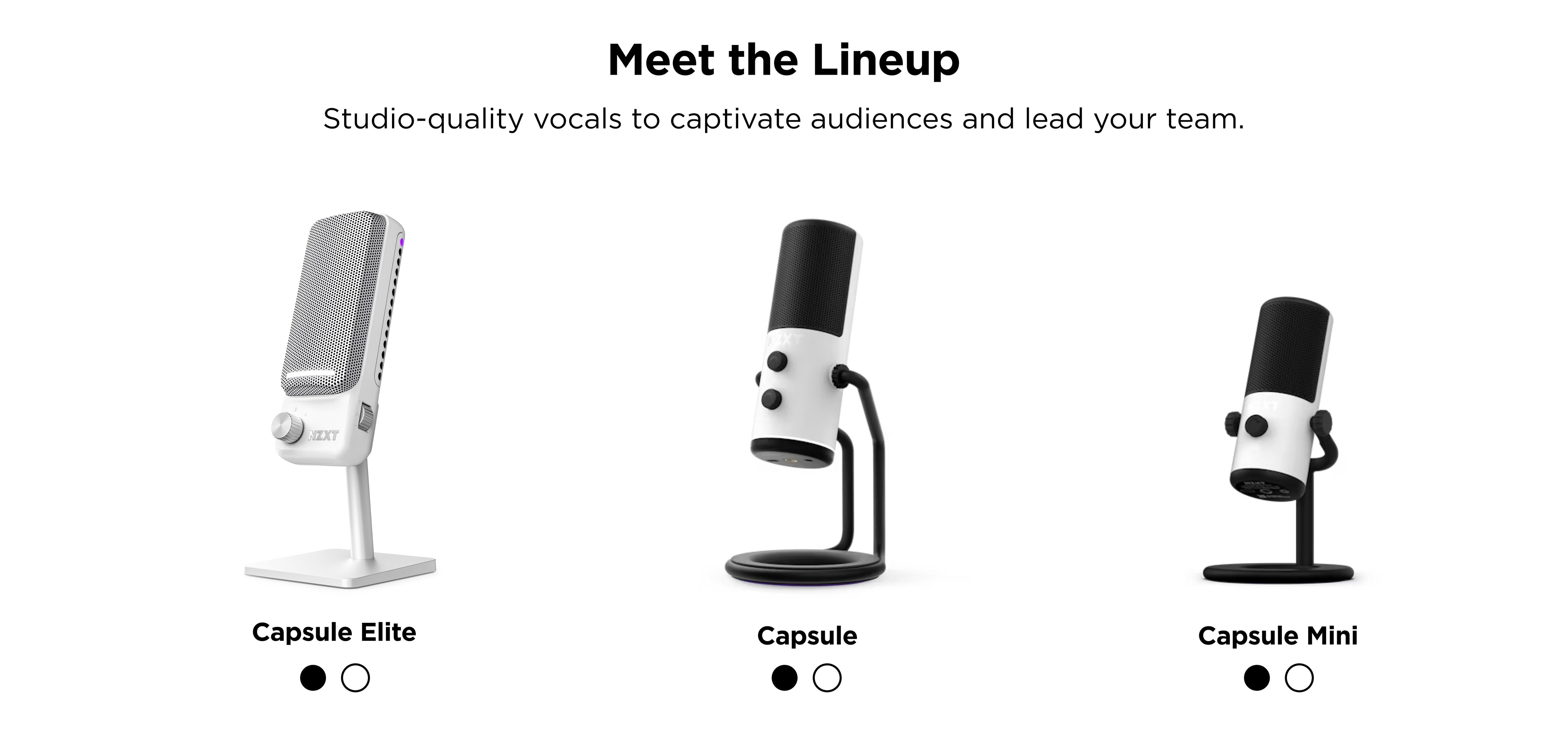 Three microphones are displayed on a white background: Capsule Elite on the left, Capsule in the center, and Capsule Mini on the right. Each has a stand and a simple, modern design. Text above reads Meet the Lineup.