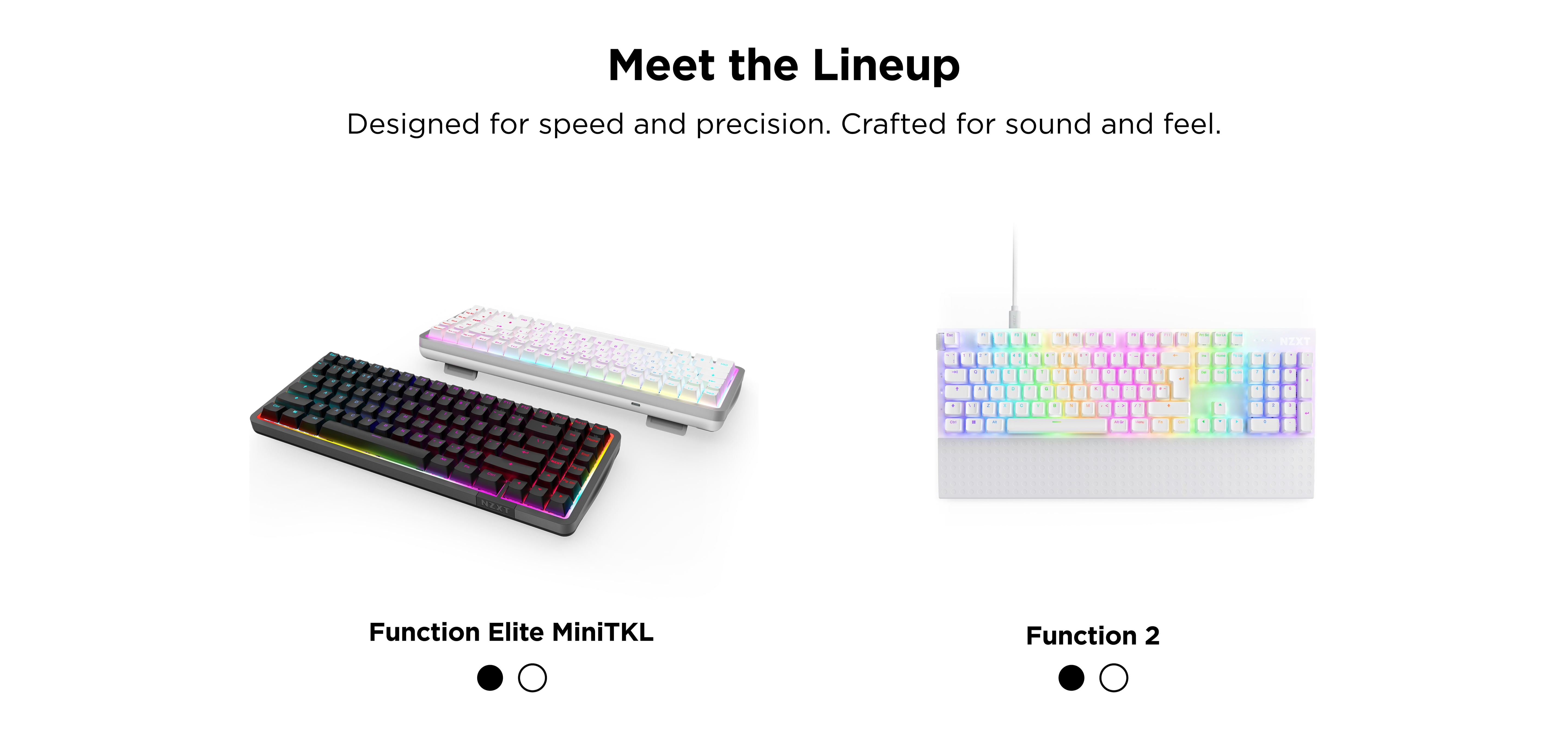 Two mechanical keyboards are shown: the black Function Elite MiniTKL and the white Function 2, both with RGB lighting. The Function Elite MiniTKL is on the left, and the Function 2 is on the right.