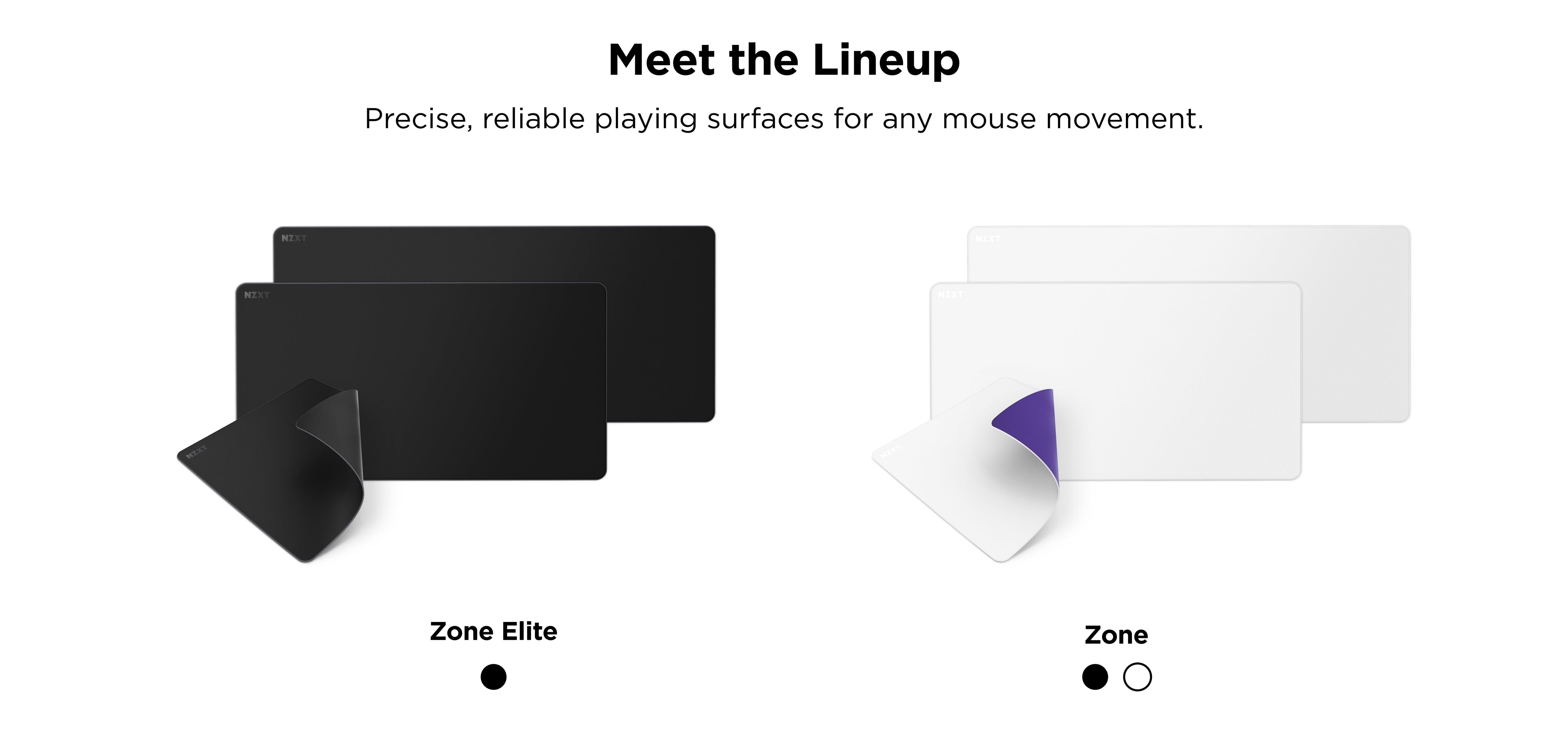 Two sets of rectangular mouse pads are displayed, one black (Zone Elite) and one white (Zone), each shown in two sizes, with corners lifted to reveal undersides. Text above reads: Meet the Lineup—precise, reliable playing surfaces.