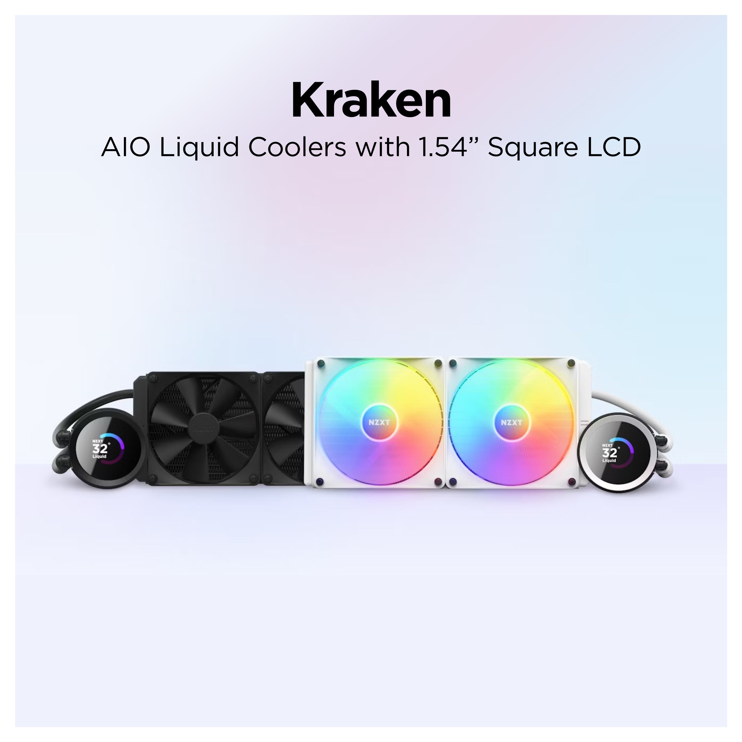 A lineup of NZXT Kraken AIO liquid coolers with 1.54 square LCD displays, featuring black and white models, with RGB lighting on the white fans and digital temperature readouts on the LCD screens.